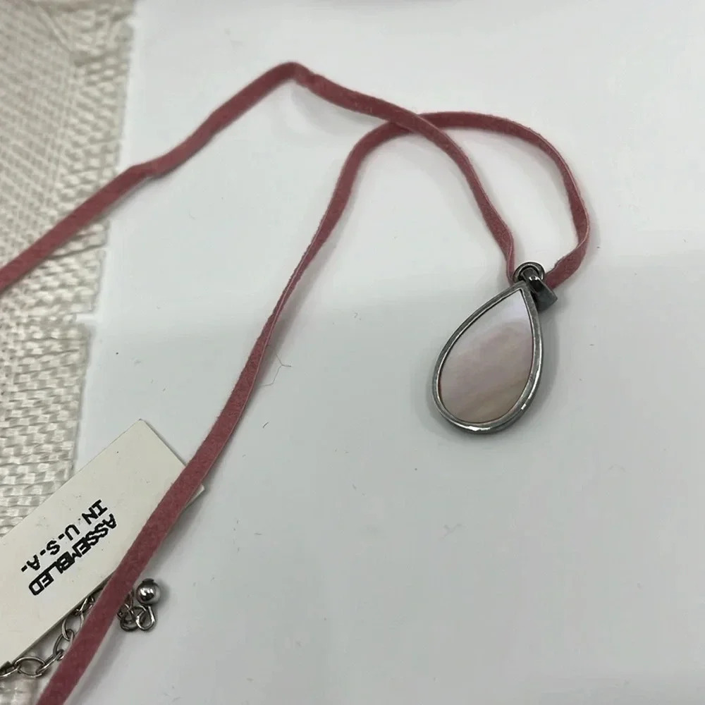 925 Sterling Silver Teardrop Pendant Necklace Iridescent MOP Pink Cord 16" - Picture 13 of 14